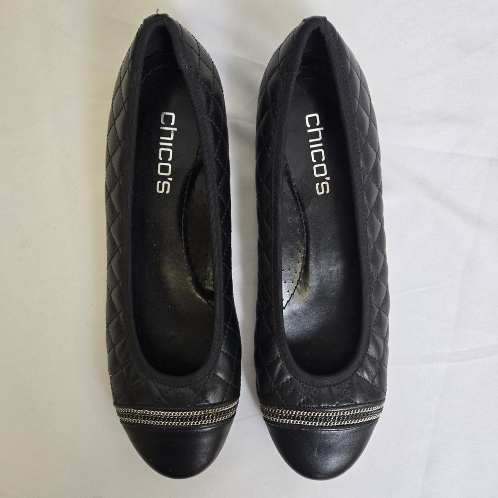 Chico's Quilted Ballet Flats, Silver Tone Chain Accent, Black, Size 9 - Picture 9 of 12